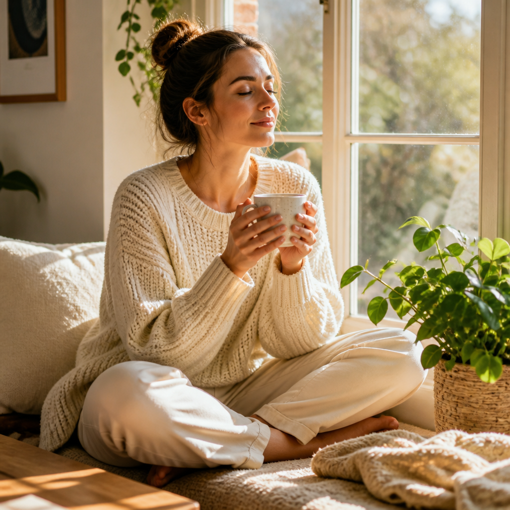 Person sitting calmly by a sunny window with a mug of tea